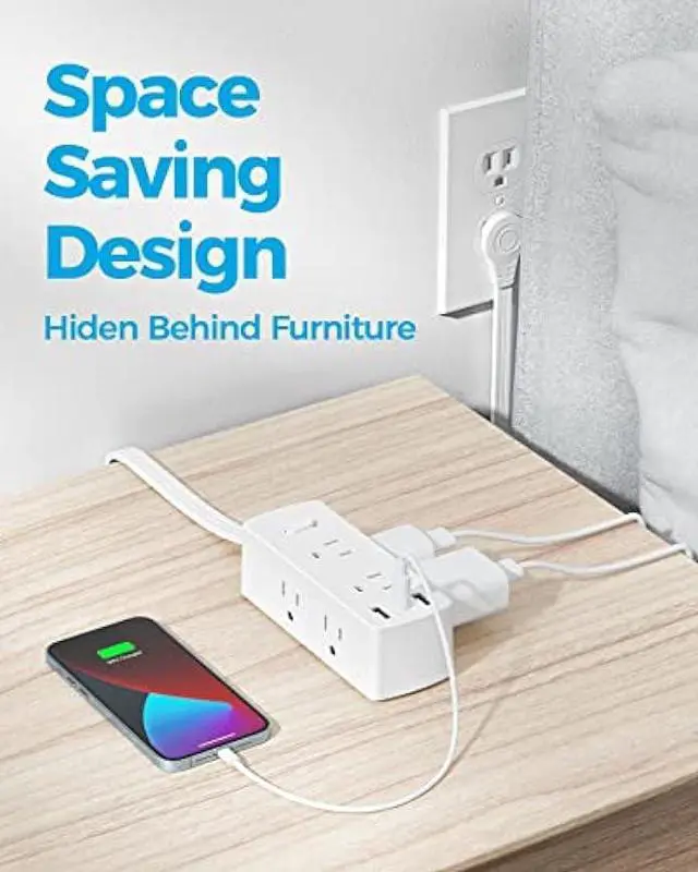 Alt view image 4 of 6 - Power Strip Surge Protector, Olcorife Ultra Thin Flat Plug Extension Cord 5ft, 6 Outlets 3 USB Ports(1 USB C), 3 Sided Outlet Extender for Home Office Travel Dorm Room Essentials