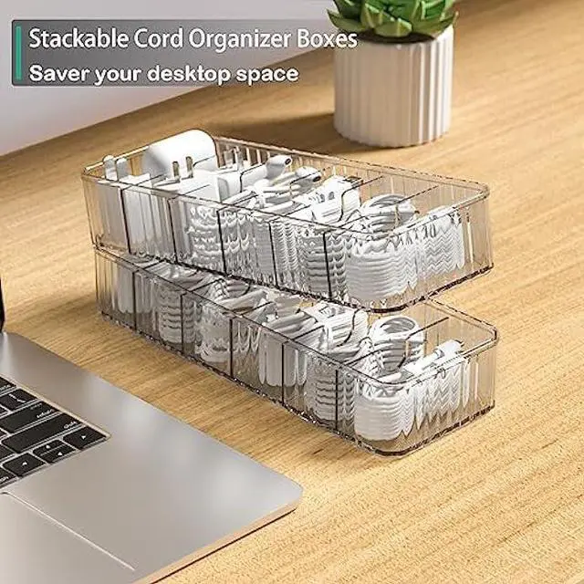 Alt view image 5 of 5 - Cable Storage Boxes Organizers 2 Pack,Cord Charger Storage Organizer Box Case with 20pcs Cable Ties,Stackable,Clear