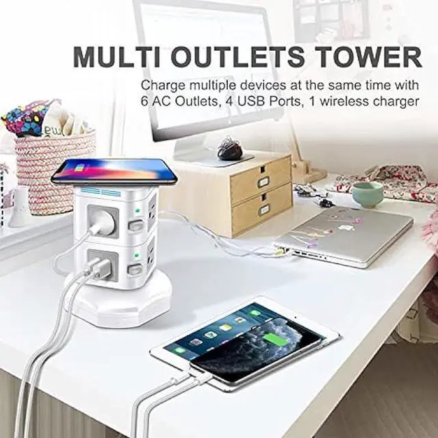 Alt view image 2 of 6 - Power Strips Surge Protector, ODOM Power Strip Tower with Fast Wireless Charger, 4 USB Ports + 6 Widely Outlets + 6 Feet Retractable Extension Cord, Multiple Plug Outlet Charging Tower for Home Office
