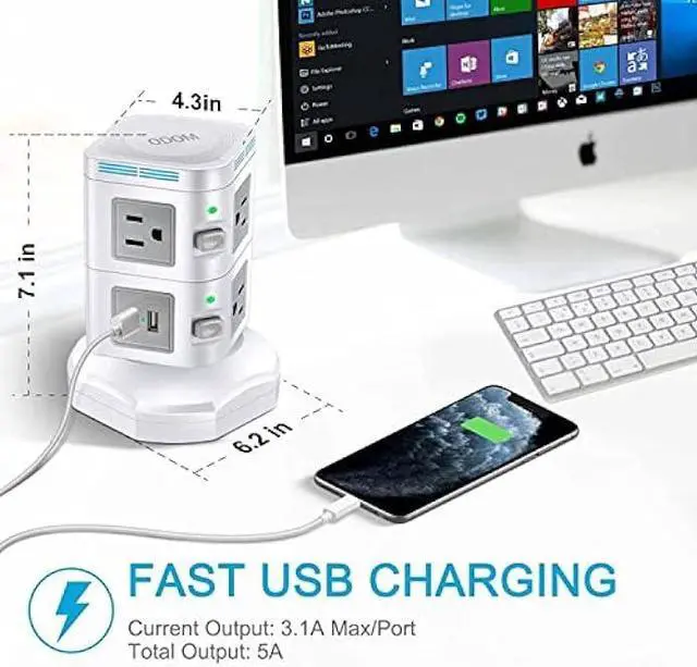 Alt view image 4 of 5 - Power Strip Tower [No Wireless], ODOM 1800J Surge Protector, 6 AC Outlets+4 USB Ports+6 Ft Retractable Extension Cord, 13A Multiple Charging Station for Home Business Office Dorm