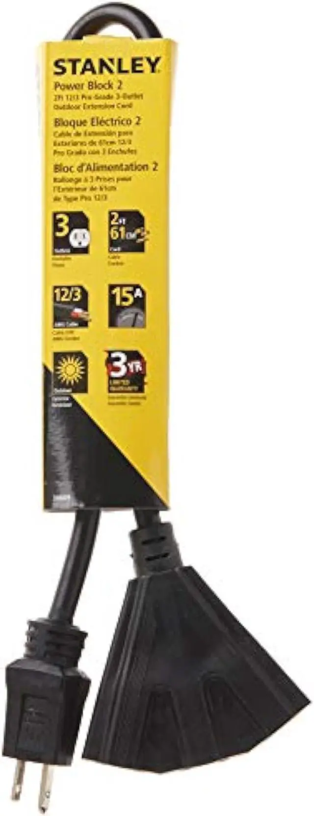 Alt view image 2 of 6 - Stanley 30669 Pro Block 2 Grounded 3-Outlet Outdoor Extension Cord, 2-Feet, Black