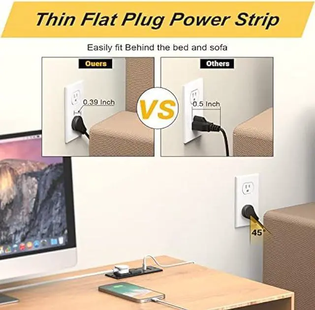 Alt view image 2 of 6 - Recessed Power Strip USB C PD 20W, Recessed Outlet with USB Ports, Flat Plug Desk Power Strip for Sofa Drawer Cabinet Nightstand, 6 FT Extension Cord Conference Table Power Hub