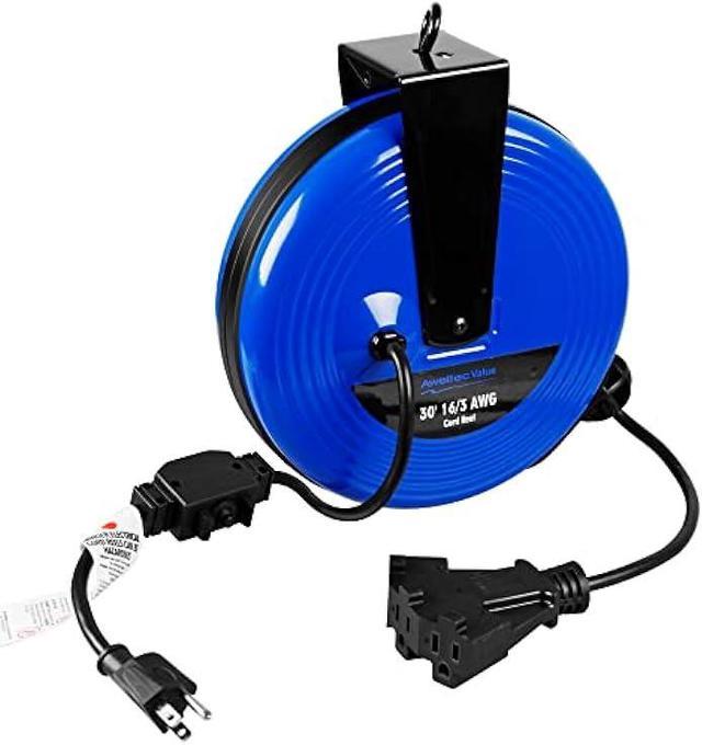 30 Foot Retractable Extension Cord Reel with Breaker Switch and 3 Electrical Power Outlets - 16/3 SJTW Durable Blue Cable for Garage