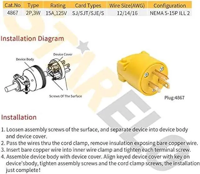 Alt view image 2 of 6 - STARELO Electrical Replacement Plug Extension Cord End Yellow Shell 125V 15A 2Pole 3Wire NEMA 5-15P Industrial Grade 3-Prong Straight Blade Grounding Type(3)