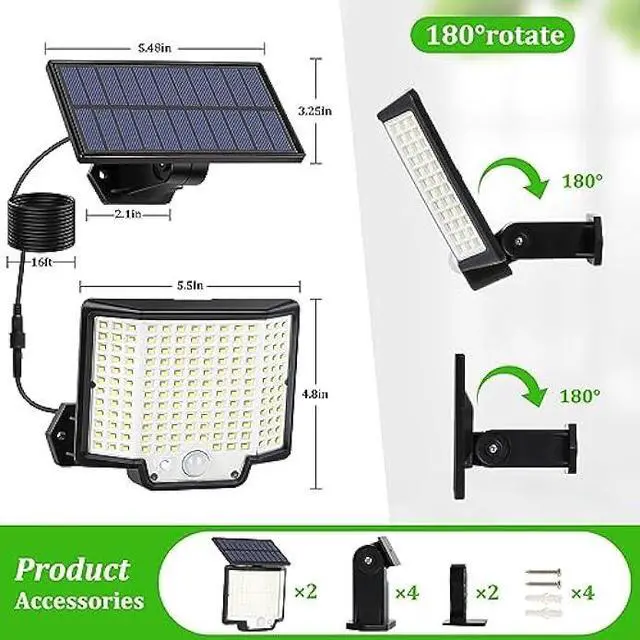 Alt view image 6 of 7 - Solar Lights for Outside, 166 LED Solar Lights Outdoor Waterproof, Motion Sensor Outdoor Lights 3 Modes, Split Solar Powered Lights with Extension Wires, Security Lights for Yard Garden Garage, 2-Pack