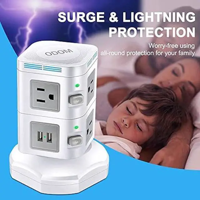 Alt view image 3 of 5 - Power Strip Tower [No Wireless], ODOM 1800J Surge Protector, 6 AC Outlets+4 USB Ports+6 Ft Retractable Extension Cord, 13A Multiple Charging Station for Home Business Office Dorm