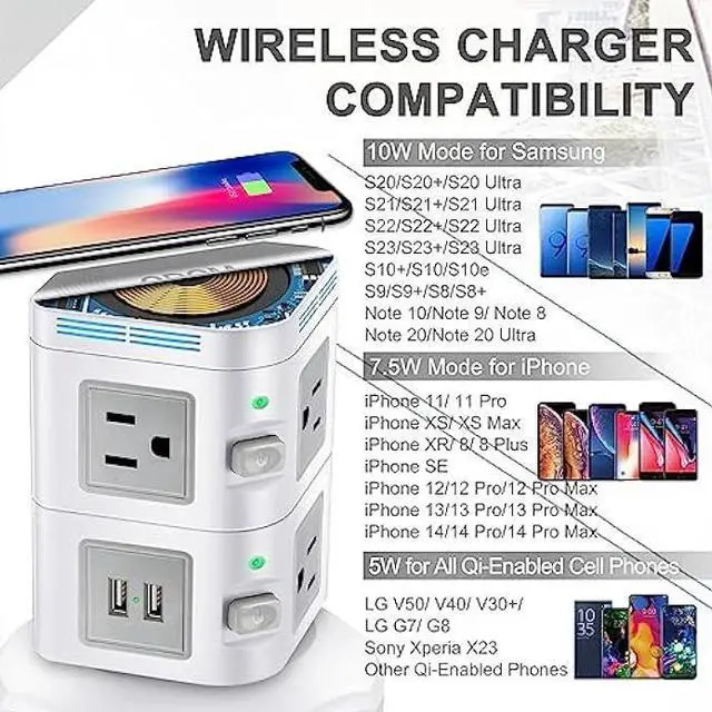 Alt view image 5 of 6 - Power Strips Surge Protector, ODOM Power Strip Tower with Fast Wireless Charger, 4 USB Ports + 6 Widely Outlets + 6 Feet Retractable Extension Cord, Multiple Plug Outlet Charging Tower for Home Office