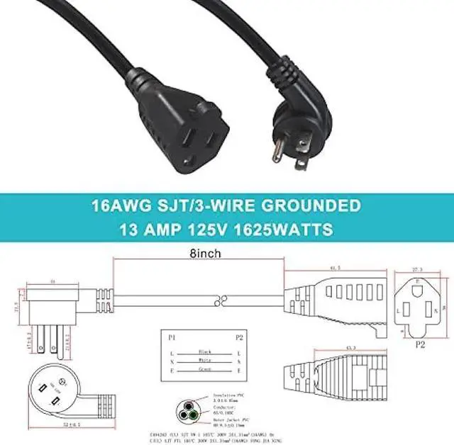 Alt view image 2 of 6 - [5 Pack] Flat Plug Short Power Extension Cord - 8inch Low Profile Flat Plug 3 Prong Grounded Indoor Extension Cord, Rated for 13AMP,16AWG Heavy Duty Black Electrical Extension Cord with Flat Head