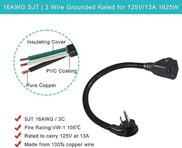 Alt view image 5 of 6 - [5 Pack] Flat Plug Short Power Extension Cord - 8inch Low Profile Flat Plug 3 Prong Grounded Indoor Extension Cord, Rated for 13AMP,16AWG Heavy Duty Black Electrical Extension Cord with Flat Head