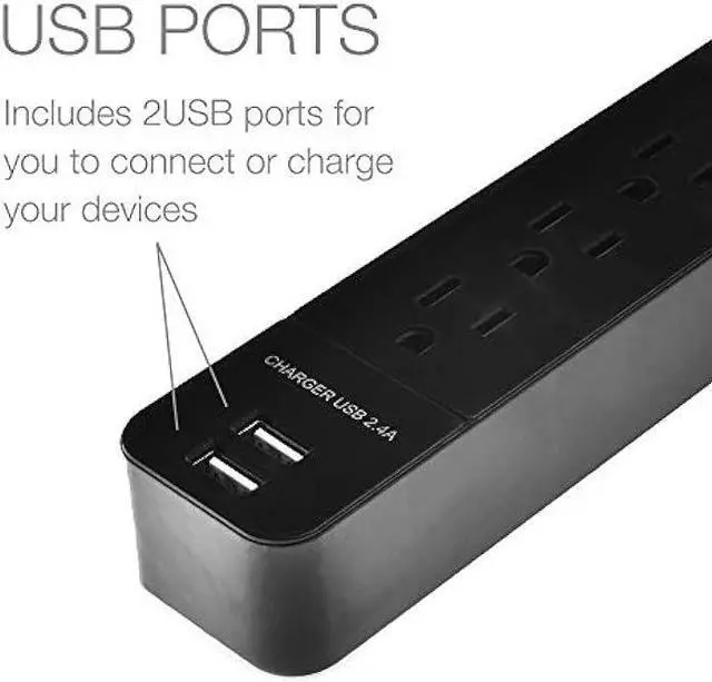 Alt view image 2 of 3 - Digital Energy 6-Outlet + 2 USB 1050 Joule Surge Protector Power Strip with 15-Ft Long Extension Cord, Black, UL Listed