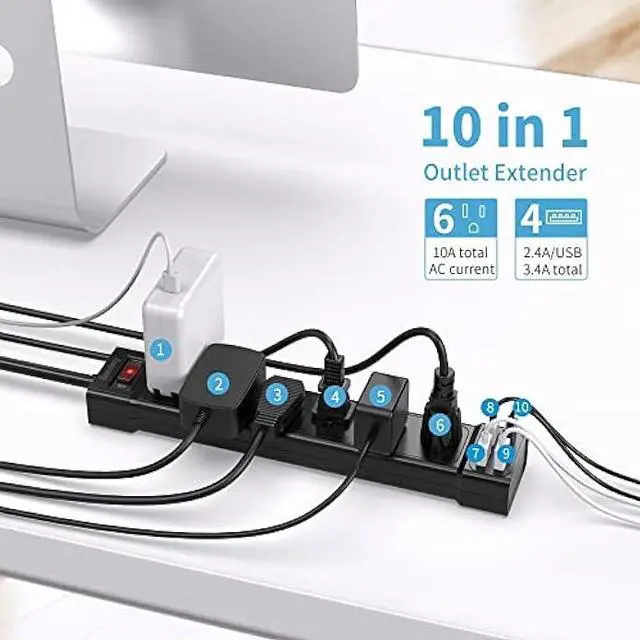 Extension Cord 10 Ft, SUPERDANNY Surge Protector Power Strip with USB ...