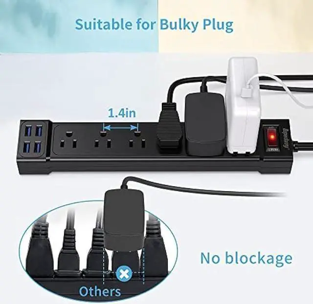 Extension Cord 10 Ft, SUPERDANNY Surge Protector Power Strip with USB ...
