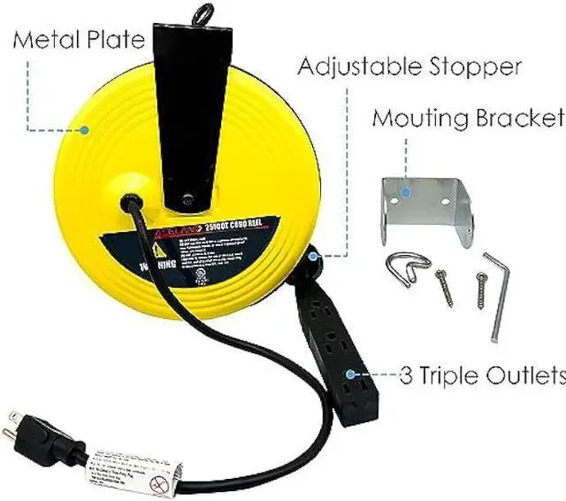 Alt view image 3 of 6 - 25ft Retractable Extension Cord Reel with 3 Electrical Outlets, 16AWG/3C SJT Power Cord for Indoor & Outdoor Use, UL Listed