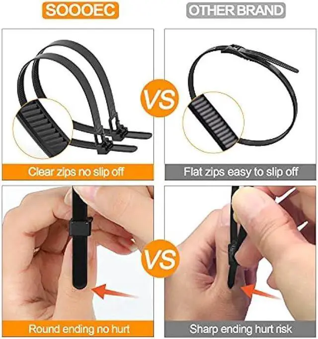 Alt view image 3 of 5 - Reusable Zip Ties Assorted Sizes 6+8+10+12 Inch 100 Packs Releasable Zip Tie Heavy Duty Round Ending No Hurt Removable Cable Ties Reusable Indoor Outdoor Tie Wraps for Wire No Slip Off