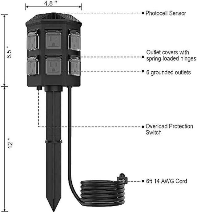 Alt view image 7 of 7 - TiFFCOFiO Outdoor Power Strip Timer, Dusk to Dawn Sensor Outdoor Timer for Lights, 6 Feet Extension Cord Waterproof, 6 Grounded Outlets for Halloween and Christmas Decorations, ETL Listed
