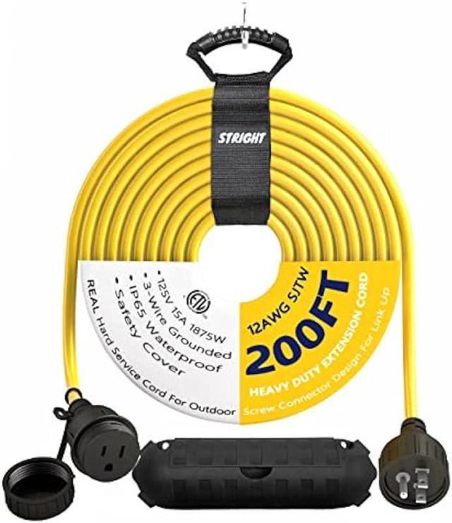 200FT 12AWG Heavy Duty Extension Cord, Bright Yellow, Weatherproof Outlet  Cover and Screw Connector, Velcro Tape and Waterproof Box Included, 12/3  SJTW Outdoor Extension Cord, ETL Safety Certified 