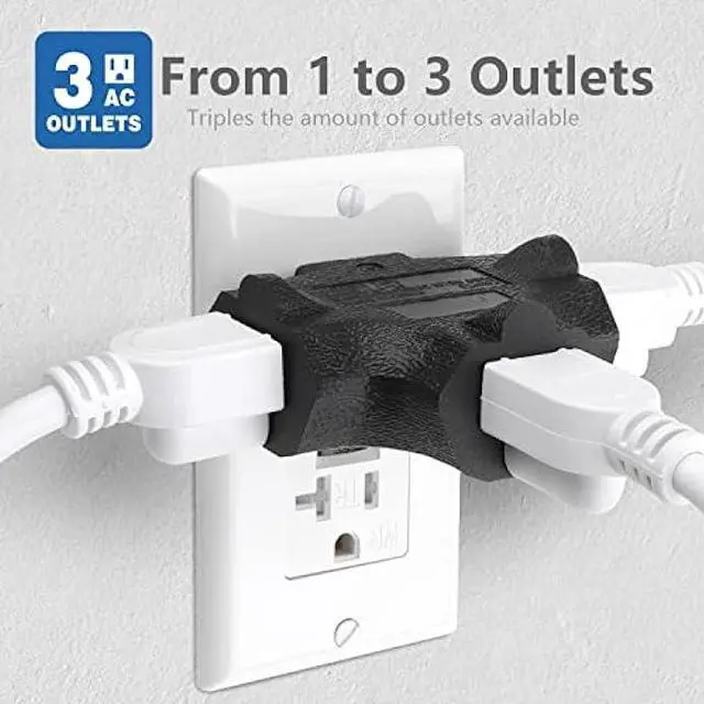 Alt view image 2 of 7 - 3-Outlet Grounding Adapter, Kasonic [UL Listed] Plug Extender, Heavy-Duty Grounded Power Tap - 3 Pack (Black)