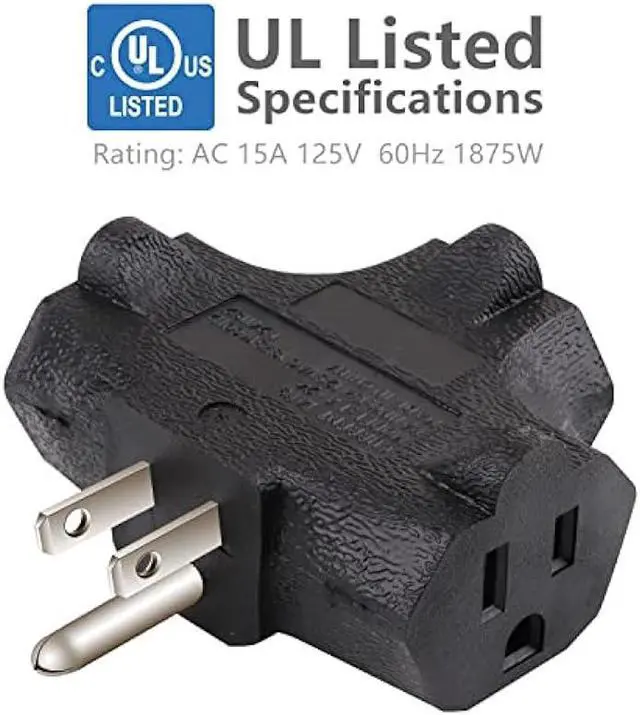 Alt view image 3 of 7 - 3-Outlet Grounding Adapter, Kasonic [UL Listed] Plug Extender, Heavy-Duty Grounded Power Tap - 3 Pack (Black)