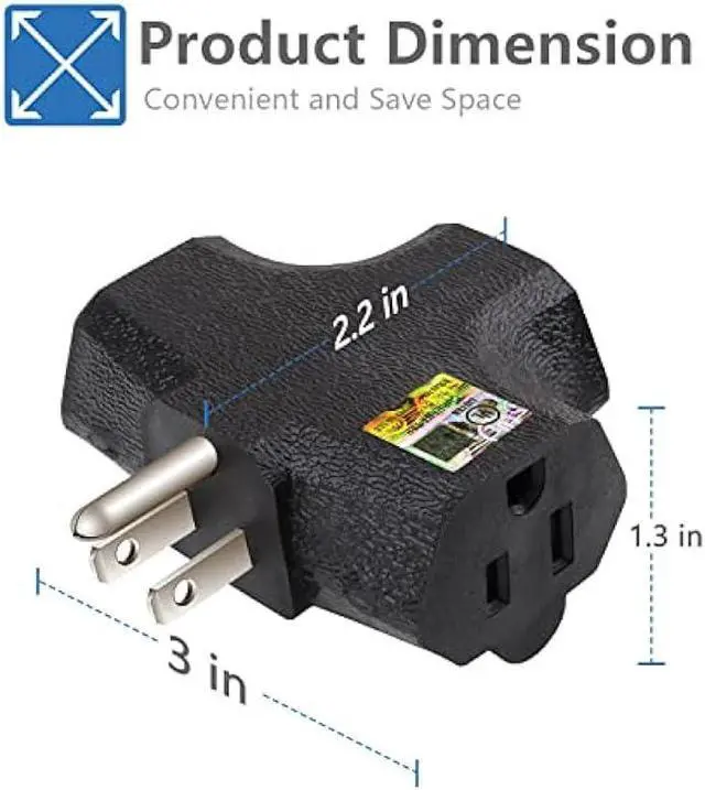 Alt view image 7 of 7 - 3-Outlet Grounding Adapter, Kasonic [UL Listed] Plug Extender, Heavy-Duty Grounded Power Tap - 3 Pack (Black)