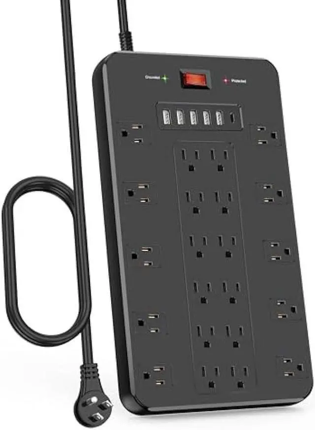 Main image of Power Strip Surge Protector, FDTEK Multiple Plug Outlet with 22 AC Outlets and 6 USB 1875W/15A 2100 Joules 6.5Ft Flat Plug Extension Cord Heavy Duty Large Power Strip for Home Office Dorm Black