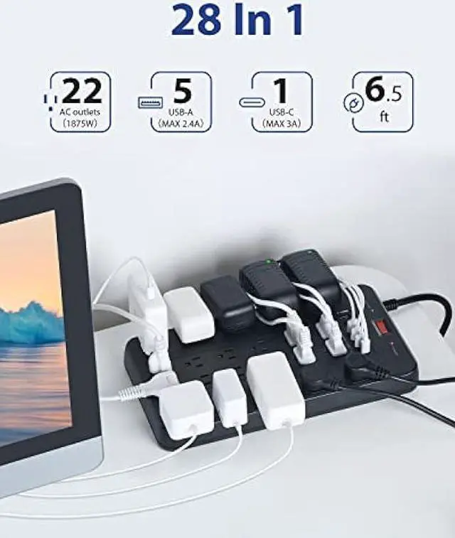 Alt view image 2 of 6 - Power Strip Surge Protector, FDTEK Multiple Plug Outlet with 22 AC Outlets and 6 USB 1875W/15A 2100 Joules 6.5Ft Flat Plug Extension Cord Heavy Duty Large Power Strip for Home Office Dorm Black