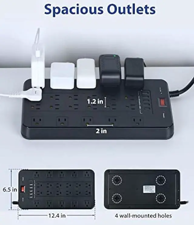 Alt view image 4 of 6 - Power Strip Surge Protector, FDTEK Multiple Plug Outlet with 22 AC Outlets and 6 USB 1875W/15A 2100 Joules 6.5Ft Flat Plug Extension Cord Heavy Duty Large Power Strip for Home Office Dorm Black