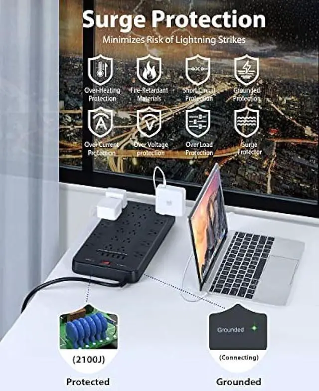 Alt view image 6 of 6 - Power Strip Surge Protector, FDTEK Multiple Plug Outlet with 22 AC Outlets and 6 USB 1875W/15A 2100 Joules 6.5Ft Flat Plug Extension Cord Heavy Duty Large Power Strip for Home Office Dorm Black