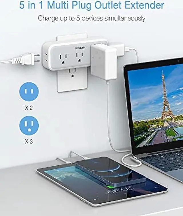 Alt view image 2 of 6 - Multi Plug Outlet Extender, TESSAN Surge Protector Wall Plug Splitter with 5 Electrical Outlet Expander, Multiple Plug Adapter for Travel Home Office