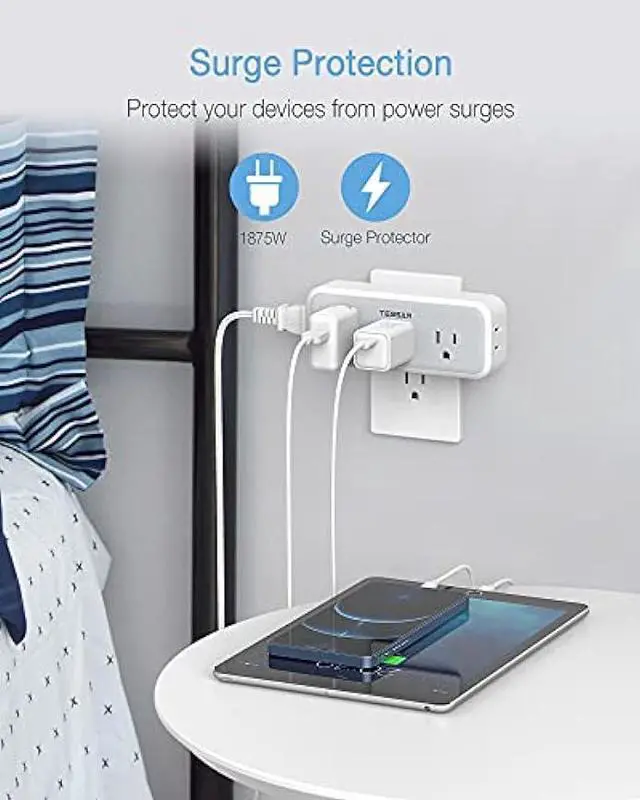 Alt view image 4 of 6 - Multi Plug Outlet Extender, TESSAN Surge Protector Wall Plug Splitter with 5 Electrical Outlet Expander, Multiple Plug Adapter for Travel Home Office