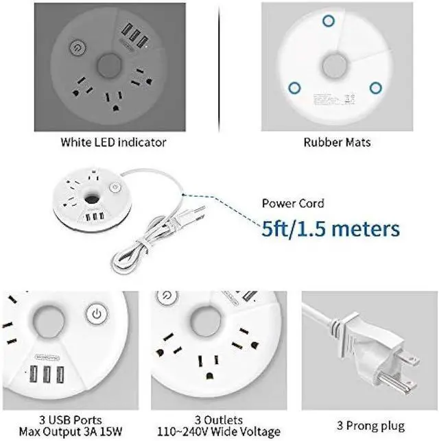 Alt view image 2 of 6 - Travel Power Strip with USB Ports, NTONPOWER Power Strip with 3 Outlet 3 USB, 5 ft Extension Cord with USB Ports, Desktop Charging Station for Indoor Home Office Dorm Room Cruise Essentials, White