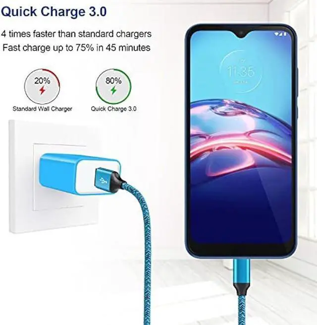 Alt view image 2 of 7 - 18W QC3.0 Fast Wall Charger Plug for Android Phone Fast Charging for Fire Tablet, Kindle, Samsung Galaxy J3 J5 J7 J8 S7 S6, PS4 Xbox LG K40 K20, Moto E4 E5 E6, Micro USB Charger Cable Cord 6FT 2Pack