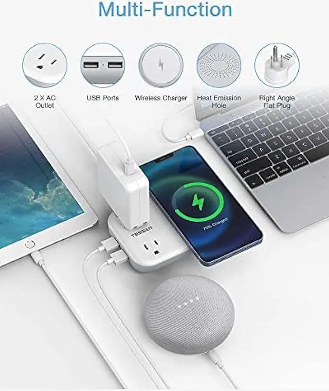 Alt view image 2 of 6 - Small Power Strip 2 USB 1 Wireless Charger, TESSAN Mini Flat Plug Nightstand Desktop Charging Station with 2 Outlet 4 ft Extension Cord, Compatible with iPhone for Dorm Room Cruise