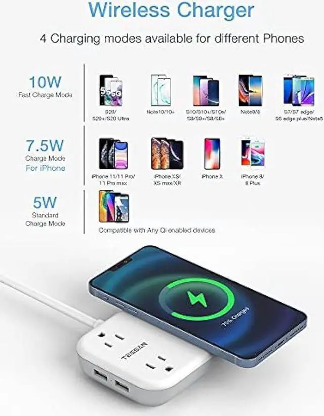 Alt view image 3 of 6 - Small Power Strip 2 USB 1 Wireless Charger, TESSAN Mini Flat Plug Nightstand Desktop Charging Station with 2 Outlet 4 ft Extension Cord, Compatible with iPhone for Dorm Room Cruise