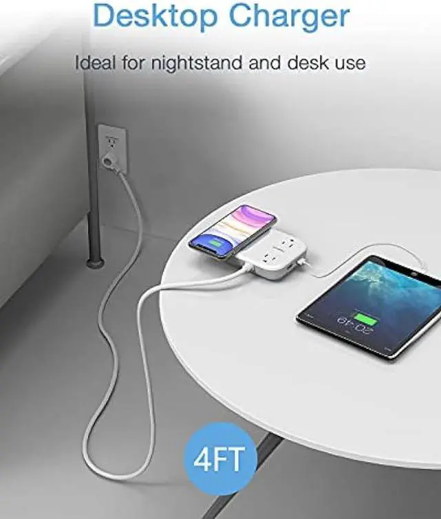 Alt view image 5 of 6 - Small Power Strip 2 USB 1 Wireless Charger, TESSAN Mini Flat Plug Nightstand Desktop Charging Station with 2 Outlet 4 ft Extension Cord, Compatible with iPhone for Dorm Room Cruise