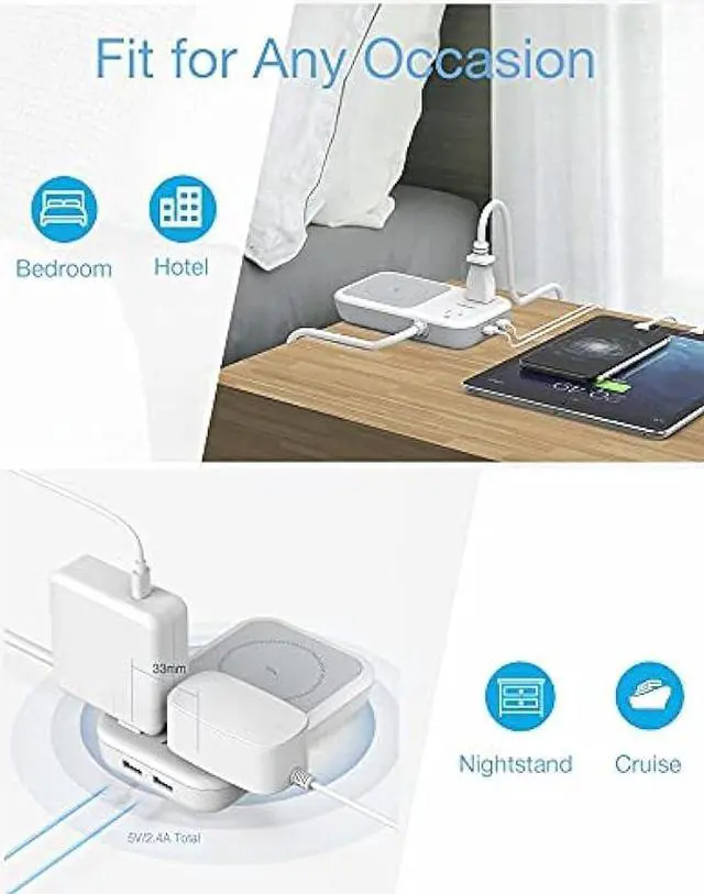 Alt view image 6 of 6 - Small Power Strip 2 USB 1 Wireless Charger, TESSAN Mini Flat Plug Nightstand Desktop Charging Station with 2 Outlet 4 ft Extension Cord, Compatible with iPhone for Dorm Room Cruise