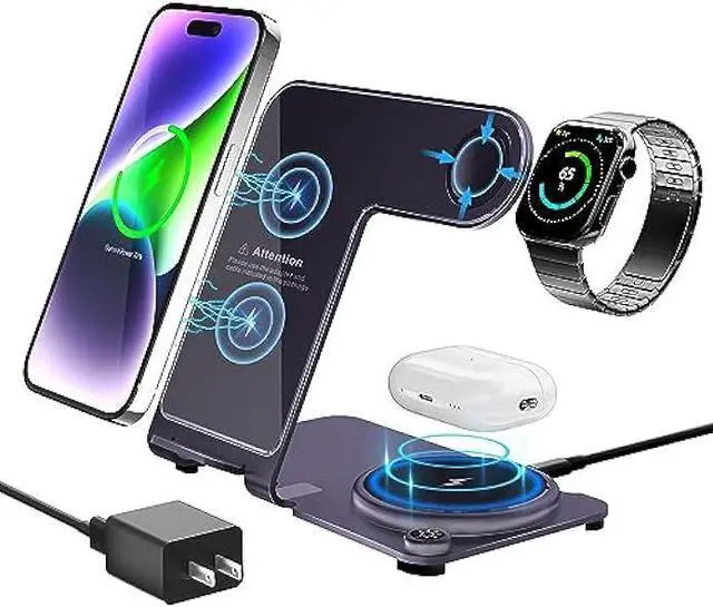Main image of Wireless Charger, Aluminum Alloy 3 in 1 Wireless Charging Station for Apple iPhone/iWatch/Airpods,iPhone 14,13,12,11 (Pro, ProMax)/XS/XR/XS/X/8(Plus),iWatch8/7/6/SE/5/4/3/2,AirPods 3/2/pro