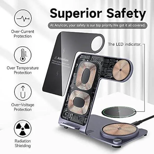 Alt view image 2 of 6 - Wireless Charger, Aluminum Alloy 3 in 1 Wireless Charging Station for Apple iPhone/iWatch/Airpods,iPhone 14,13,12,11 (Pro, ProMax)/XS/XR/XS/X/8(Plus),iWatch8/7/6/SE/5/4/3/2,AirPods 3/2/pro