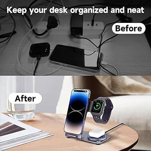 Alt view image 6 of 6 - Wireless Charger, Aluminum Alloy 3 in 1 Wireless Charging Station for Apple iPhone/iWatch/Airpods,iPhone 14,13,12,11 (Pro, ProMax)/XS/XR/XS/X/8(Plus),iWatch8/7/6/SE/5/4/3/2,AirPods 3/2/pro