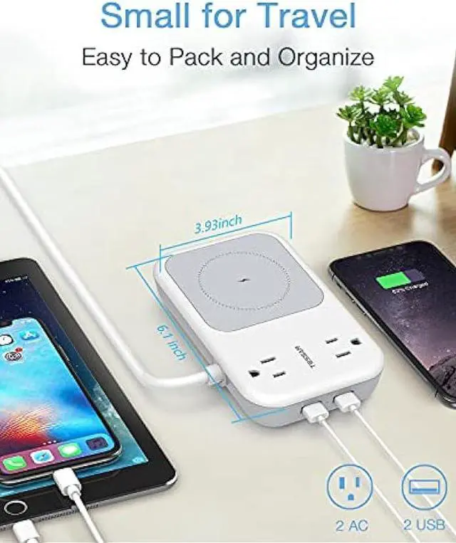 Alt view image 4 of 6 - Small Power Strip 2 USB 1 Wireless Charger, TESSAN Mini Flat Plug Nightstand Desktop Charging Station with 2 Outlet 4 ft Extension Cord, Compatible with iPhone for Dorm Room Cruise
