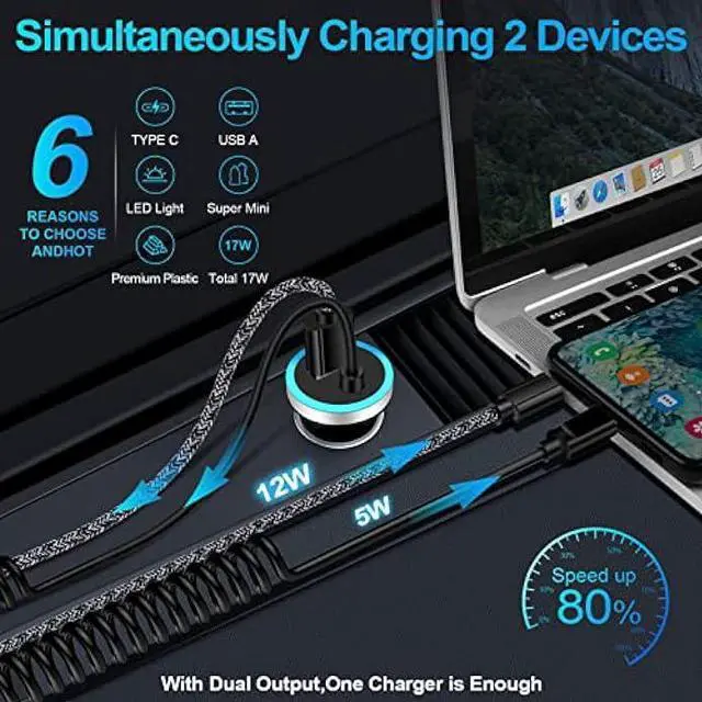 Alt view image 3 of 7 - USB C Car Charger, 3.4A Fast Car Charging Lighter Adapter+3ft Type C Coiled Cable for Samsung Galaxy S23 S23+ S23 Ultra A54 A14 A32 A13 A53 S22 S21 S20 S10 A02S A03S A12,LG Stylo 6 5 4,Pixel 7 6 5 4a