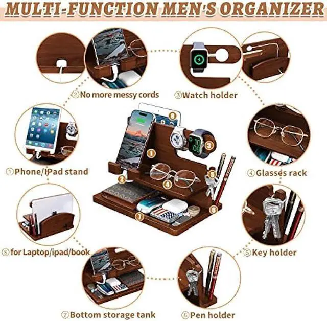 Alt view image 3 of 6 - Gifts for Men Wood Phone Docking Station for Men Nightstand Organizer Charging Station Cell Phone Stand Desk Organizer Bedside Organizer Dad Gifts for Husband Gifts for Brother Boyfriend Son
