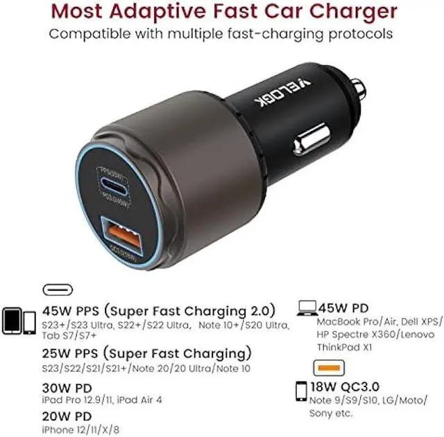 Alt view image 2 of 7 - VELOGK Super Fast Type C Car Charger [73W Turbo], Metal Adaptive 55W 45W PPS/PD&QC3.0 USB C Car Adapter[Super Fast Charging 2.0]for Samsung S23 Ultra/S22+/S21/S20/Note 20/10 Plus,iPad Pro/Air,Macbook