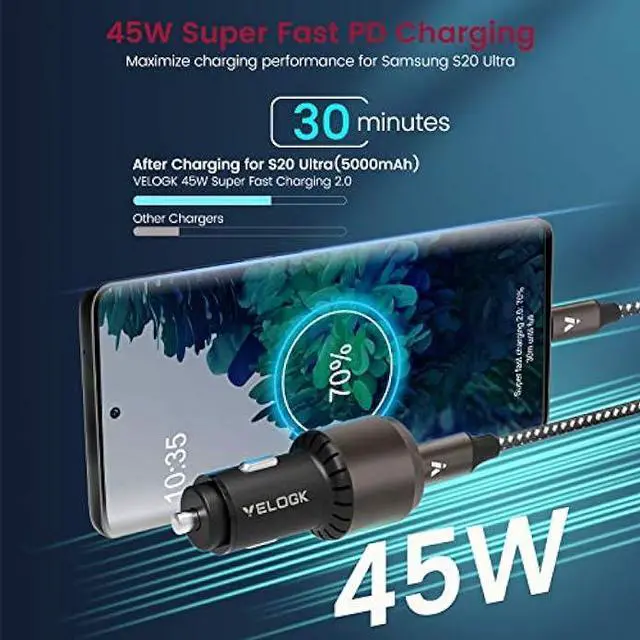 Alt view image 3 of 7 - VELOGK Super Fast Type C Car Charger [73W Turbo], Metal Adaptive 55W 45W PPS/PD&QC3.0 USB C Car Adapter[Super Fast Charging 2.0]for Samsung S23 Ultra/S22+/S21/S20/Note 20/10 Plus,iPad Pro/Air,Macbook