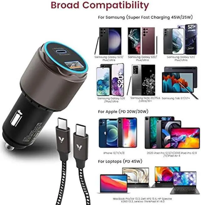 Alt view image 5 of 7 - VELOGK Super Fast Type C Car Charger [73W Turbo], Metal Adaptive 55W 45W PPS/PD&QC3.0 USB C Car Adapter[Super Fast Charging 2.0]for Samsung S23 Ultra/S22+/S21/S20/Note 20/10 Plus,iPad Pro/Air,Macbook