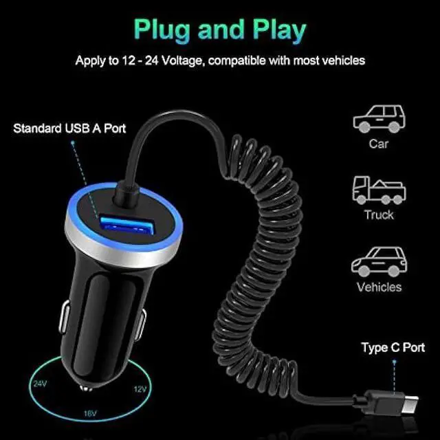 Alt view image 3 of 7 - Android Type C Car Charger Fast Charging for Samsung Galaxy A17/A16/A36/A26/S25 Edge/S25FE/S25 Ultra/25 Plus/S24 Ultra/S23/S22/A56/A35/A23/A07/A54/A53/A15, Car Adapter Plug 3.4A+3FT Coiled USB C Cable