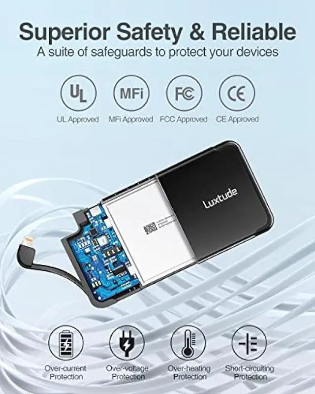 Alt view image 5 of 6 - Luxtude 5000mAh Portable Charger iPhone Built in Lightning Cable (MFi Apple Certified), Ultra Slim External Battery Pack, Fast Charge Power Bank for iPhone 14/13/12/11 Pro/X/XR/XS Max/10/8/7/6S etc.