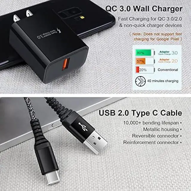 Alt view image 2 of 7 - Adaptive Fast Charger Android Charger with 3ft USB Type C Cable Fast Charging for Samsung Galaxy A14 A13 5G A53 A52 A32 A12 A04S A03S S23 S22 S21 FE S20+ A11 A21 A10E Note 20 Ultra, Moto G Pure/Stylus
