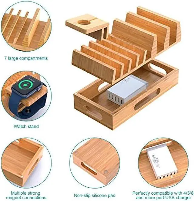 Alt view image 2 of 6 - Pezin & Hulin Bamboo Charging Station Holder with 5 Port USB Charger, Watch Stand, 6 x Charge Cable, Wood Docking Stand Electronic Organizer for Multiple Devices, Phones, Tablets, Laptop and More
