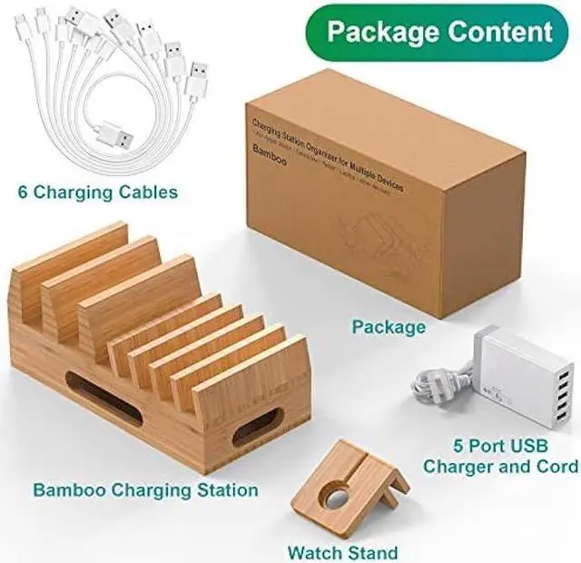 Alt view image 3 of 6 - Pezin & Hulin Bamboo Charging Station Holder with 5 Port USB Charger, Watch Stand, 6 x Charge Cable, Wood Docking Stand Electronic Organizer for Multiple Devices, Phones, Tablets, Laptop and More