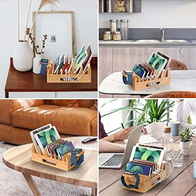 Alt view image 5 of 6 - Pezin & Hulin Bamboo Charging Station Holder with 5 Port USB Charger, Watch Stand, 6 x Charge Cable, Wood Docking Stand Electronic Organizer for Multiple Devices, Phones, Tablets, Laptop and More